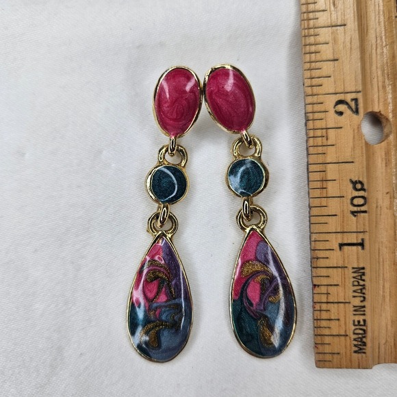 Unbranded Jewelry - Vtg Gold Tone Pink Blue Teal Purple Enamel Swirl Teardrop Dangle Post Earrings